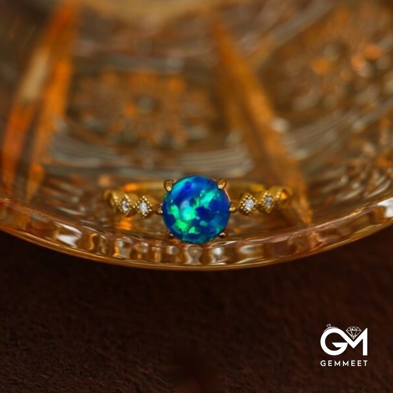 Blue Round Opal White Zircon Ring