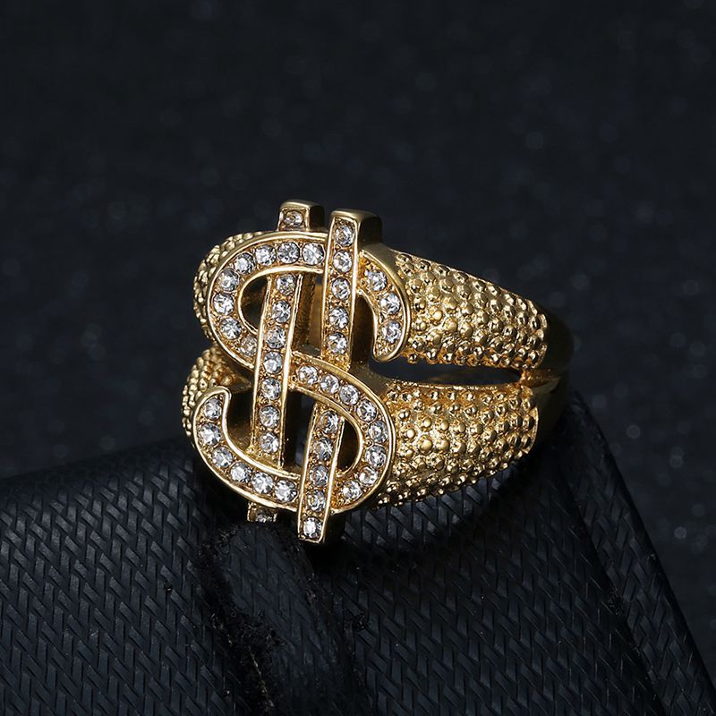 HIPHOP Vacuum Plating Inlaid Zircon Dollar Sign Men's Ring