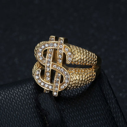 HIPHOP Vacuum Plating Inlaid Zircon Dollar Sign Men's Ring