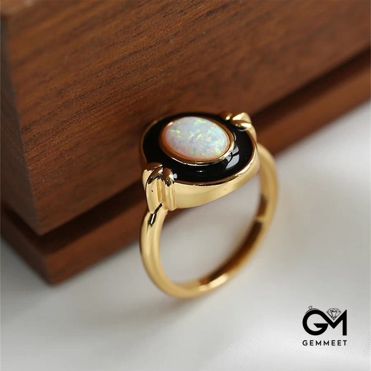 Dainty Opal Black Epoxy Vintage Ring