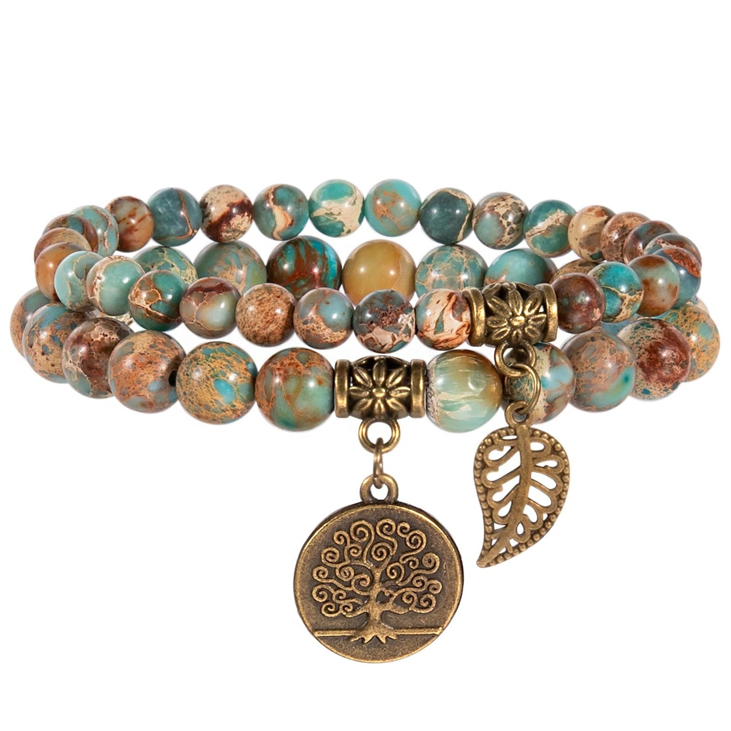 Life of Tree & Leaf Symbol Stone Bead Bracelet