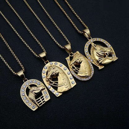 Hiphop Jewelry Titanium Steel Gold-plated Zircon Horse Head Pendant