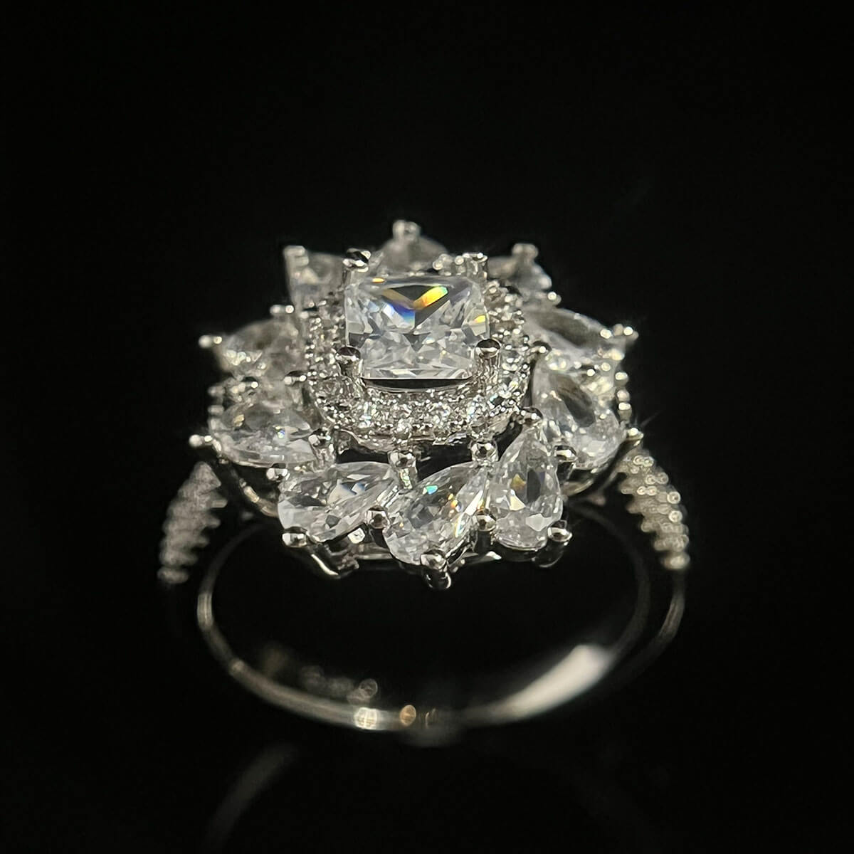 White Gold Big Flower Halo Full Stones Ring