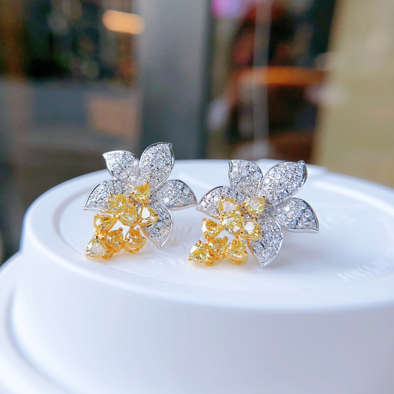 Luxury Micro Pave Asscher Yellow Diamond Flower Stud Earrings