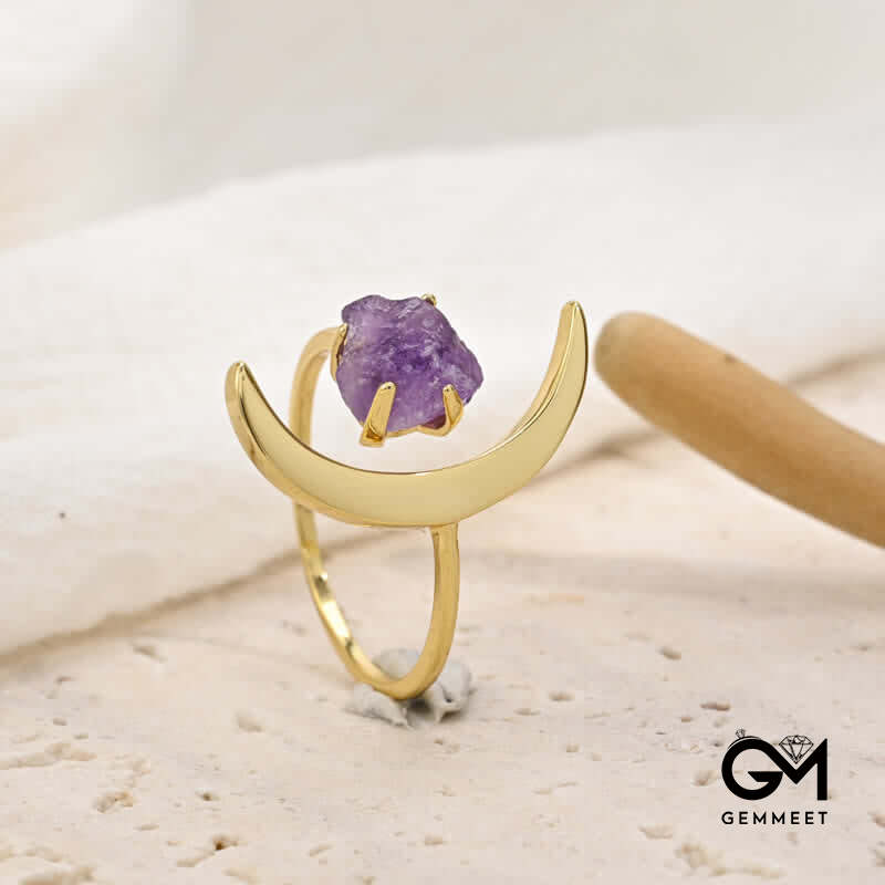 Star And Moon Amethyst Healing Adjustable Ring