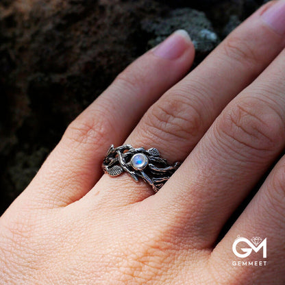 Retro Branch Leaf Hollow Moonstone Ring