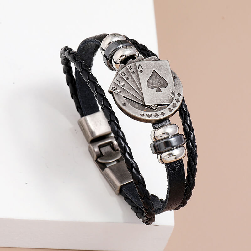 Braided Leather Hand Playing Card Beaded Buckle Leather Bracelet