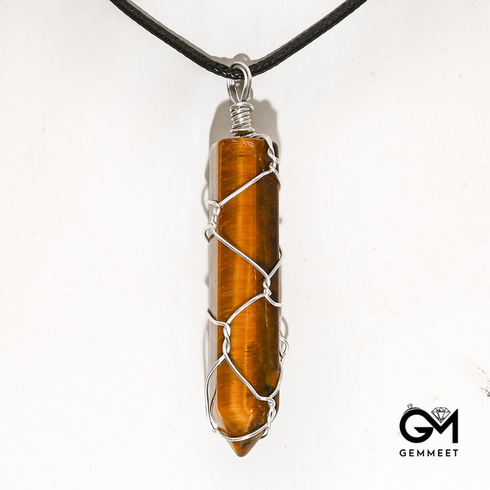 Tiger Eye Hexagon Column Wrapped Pendant Necklace