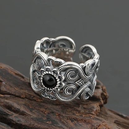 Ethnic Black Onyx Pattern Adjustable Ring