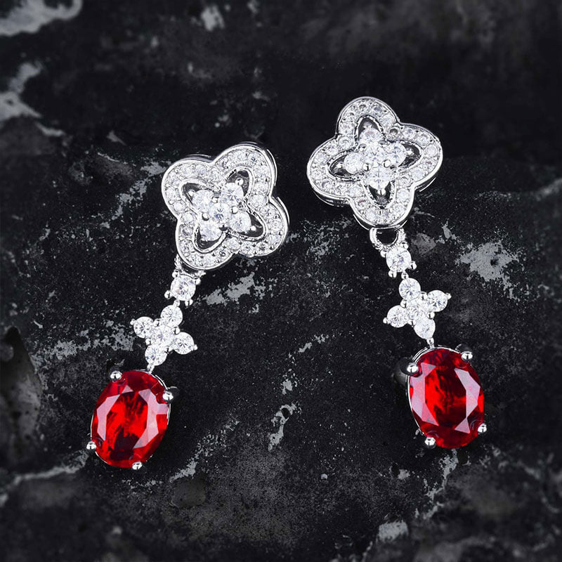 Micro-studded Diamond Flower Star Imitation Ruby Earrings High Carbon Diamond Imitation Red Corundum Pigeon Blood Red Diamond Earrings Long Earrings