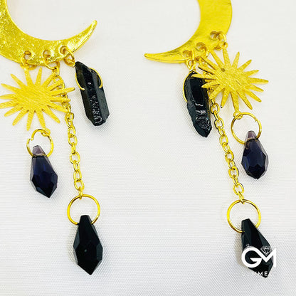 Obsidian Sun And Cresent Moon Earrings