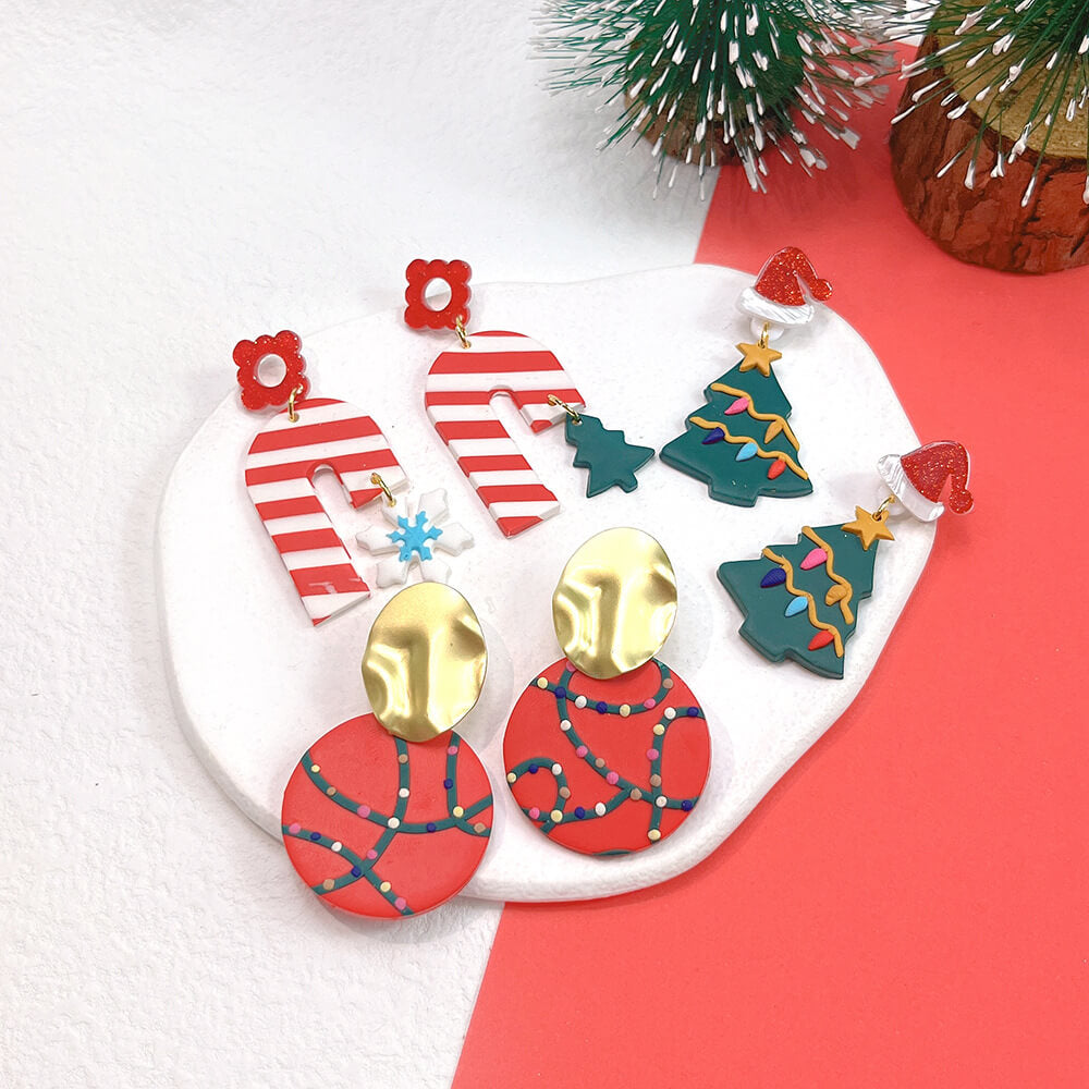 Christmas Earrings Ornament Plaid Geometric Snowman Stud Earrings