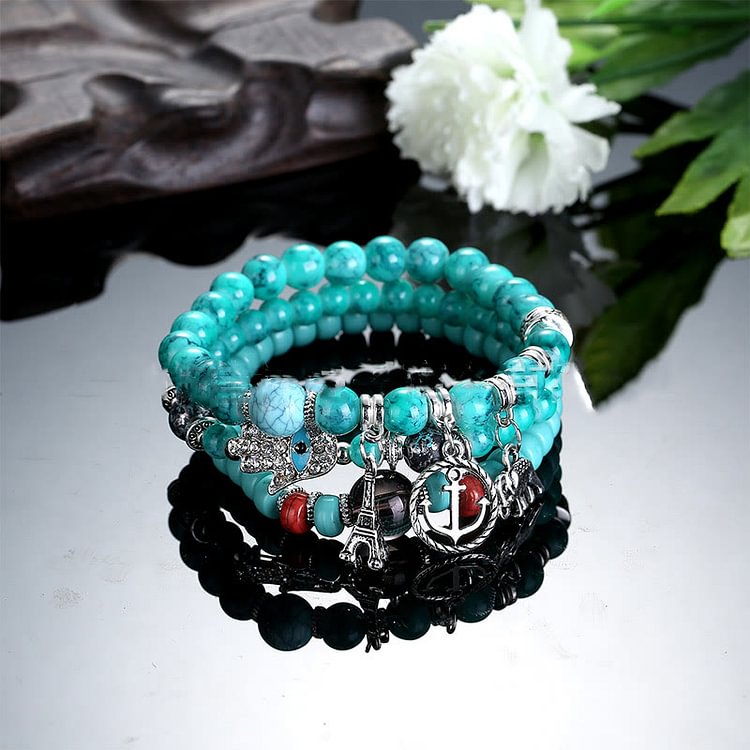 Elephant Tower Evil Eye Hamsa Bracelet Set