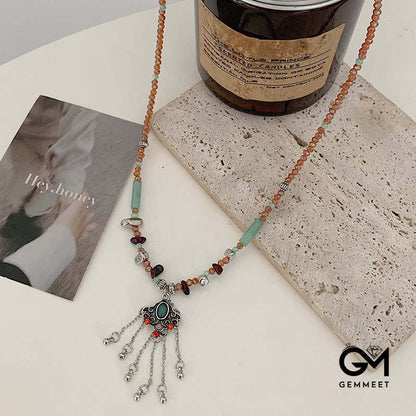 Tibetan Crystal Stone Copper Luck Tassel Necklace Pendant