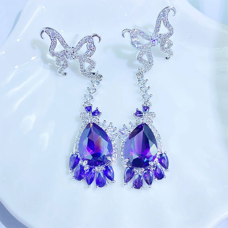 New Butterfly Stud Earrings Water Drop Pear Shaped Amethyst Long Zircon Earrings