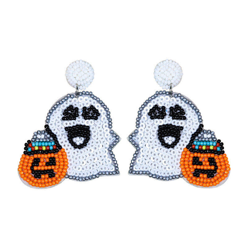 Halloween Cute Spooky Pumpkin Head Hand-Sewn Rice Bead Earrings