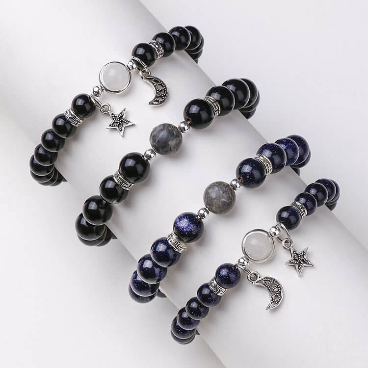 Blue Sandstone Obsidian 6mm Beaded Star and Moon Bracelet