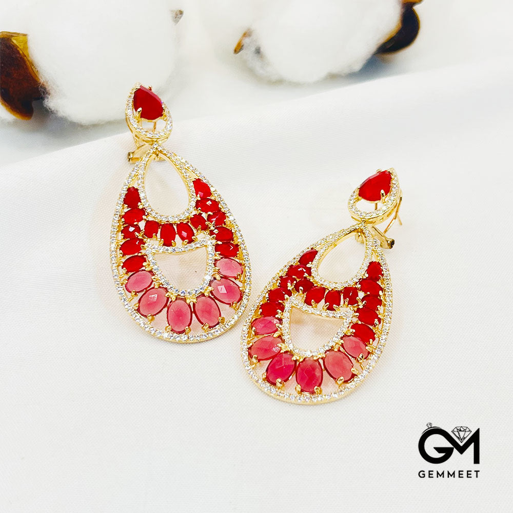 Pear-Shaped Center Hollow Red Stone Pendant Earrings