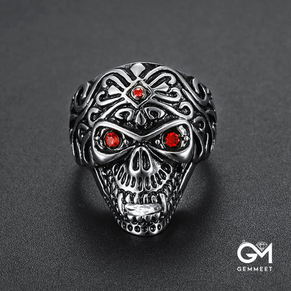 Stainless Steel Skull Red Zircon Eye Ring