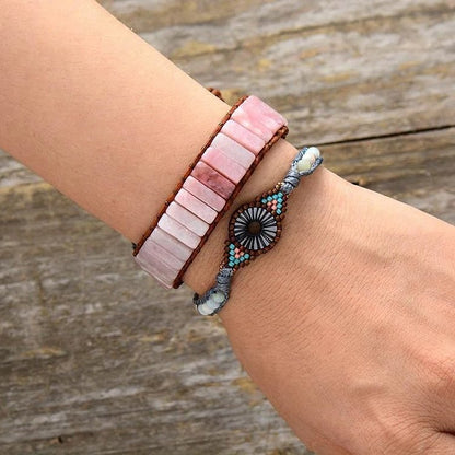 Color Stones Square Leather String Wrap Bracelet