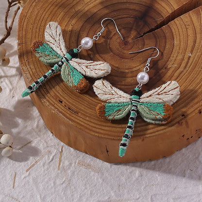 Vintage Dragonfly Fabric Pearl Earrings