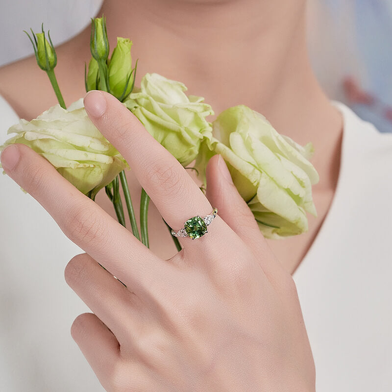 Imitation Natural Green Tourmaline Square Diamond Temperament Beautiful Colorful Treasure Open Ring