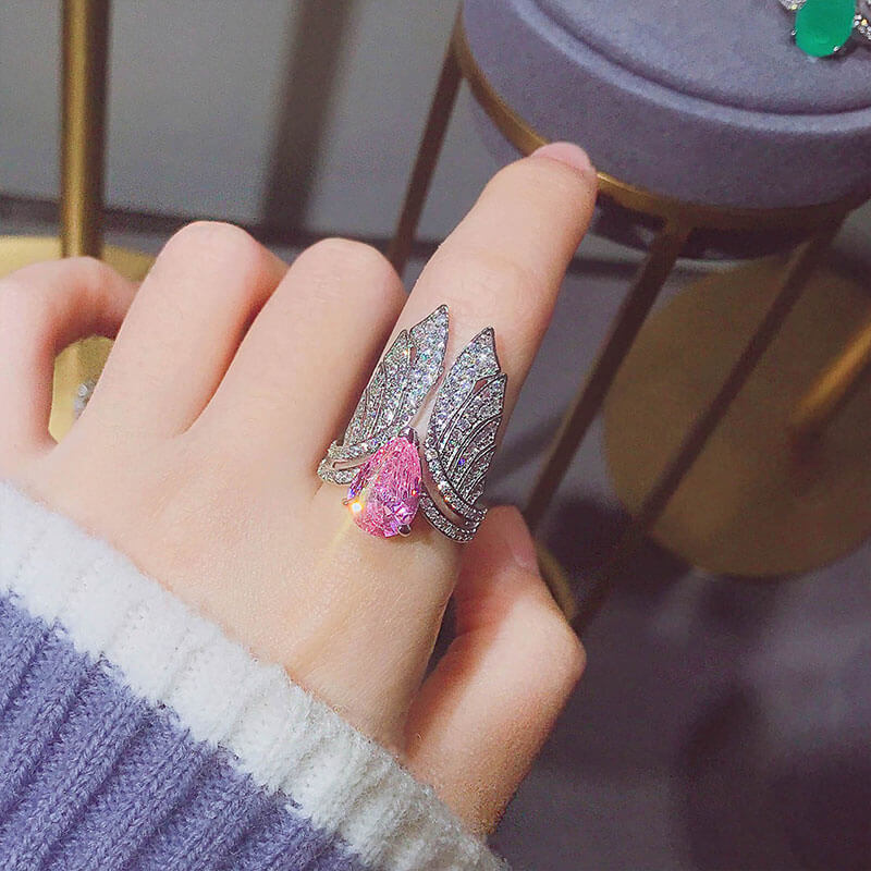 New Retro Simulation Emerald Open Ring Creative Angel Wings Colorful Treasure Ring