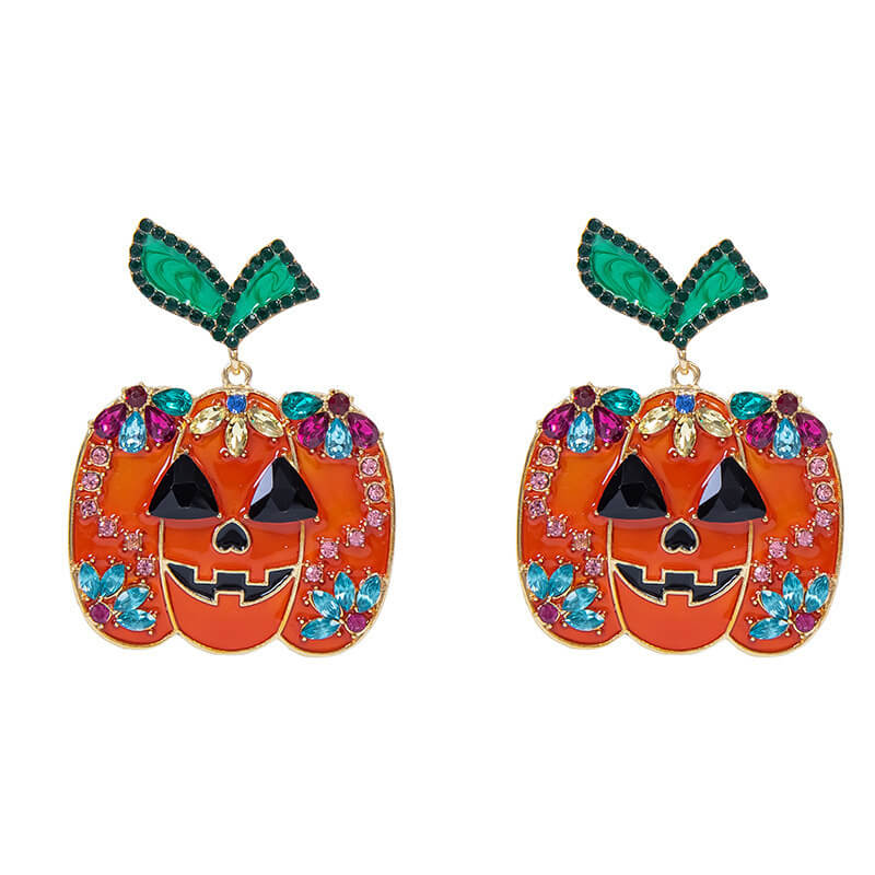 Halloween Creative Fashion New Alloy Inlaid Zircon Oil Drip Pumpkin Head Earrings