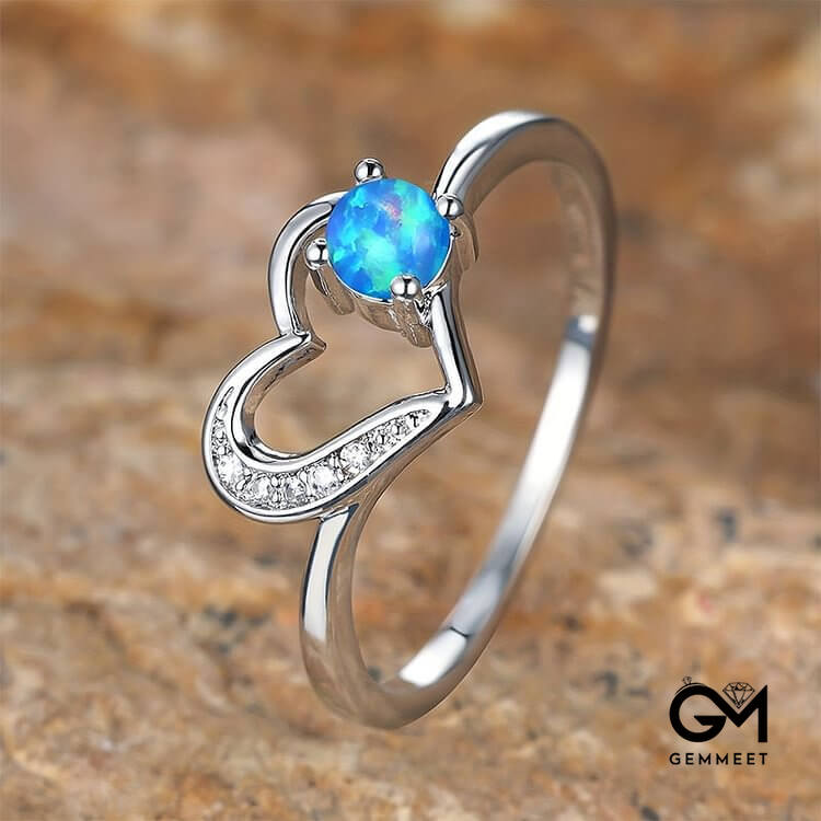 "Deep in Heart" - Simple Circular Opal Hollow Heart Ring