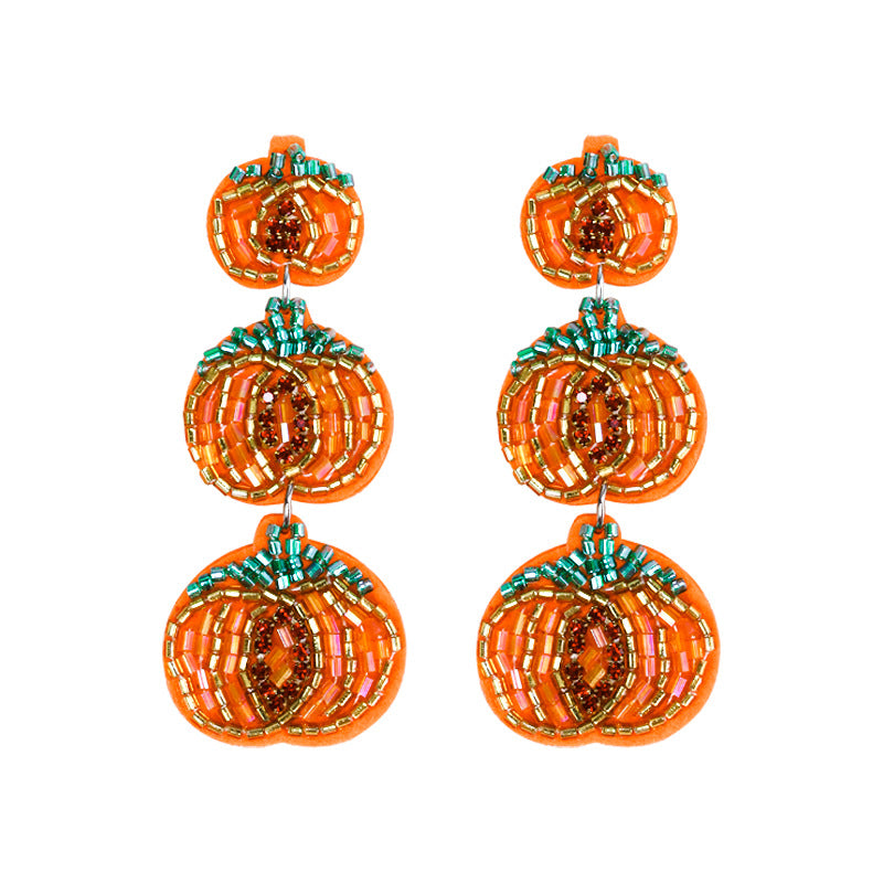 Halloween Handmade Rice Beads Three Layer Pumpkin Funny Earrings