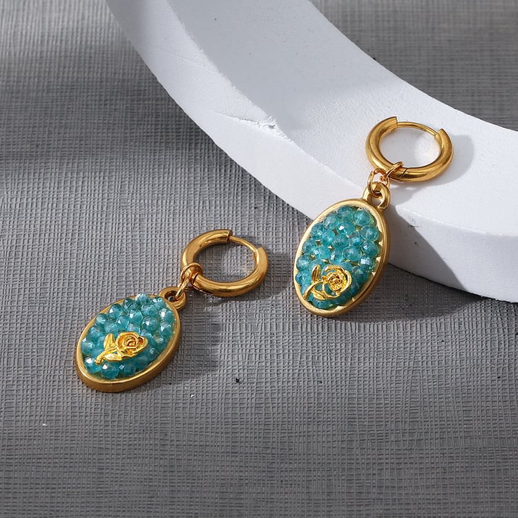 Paraiba Tourmaline Crushed Rose Oval Drop Earrings