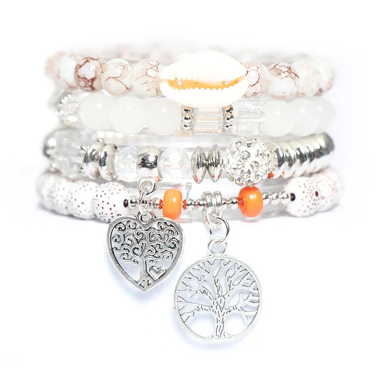 Tree Of Life Heart Pendant Beaded Bracelet Set