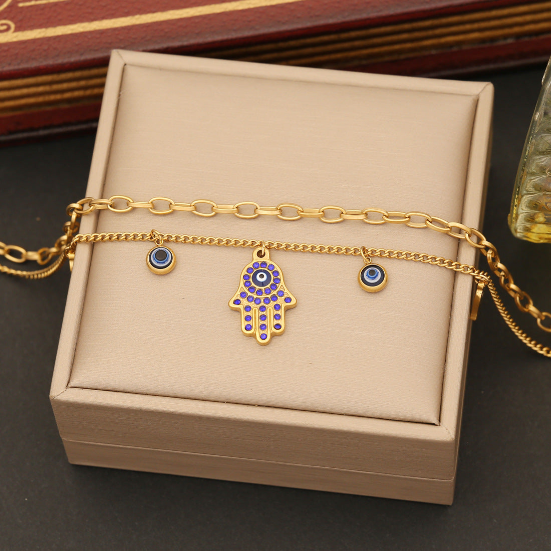 Purple Stone Hamsa Evil Eye Pendant Bracelet Necklace & Earrings