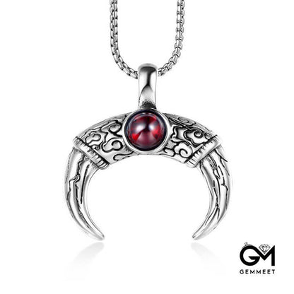 Titanium Steel Mayan Horn Red Zircon Pointy Necklace