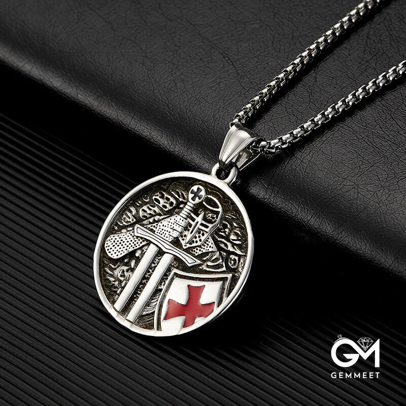 Stainless Steel Knight Red Cross Necklace