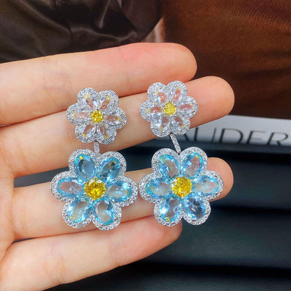 Imitation Sea Blue Diamond Double Flower Exquisite Light Luxury Earrings Burst Ice Flower Yellow Diamond Zircon Earrings