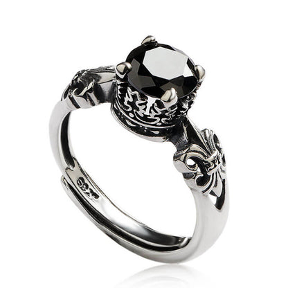 Retro Flower Prong Setting Obsidian Couple Ring