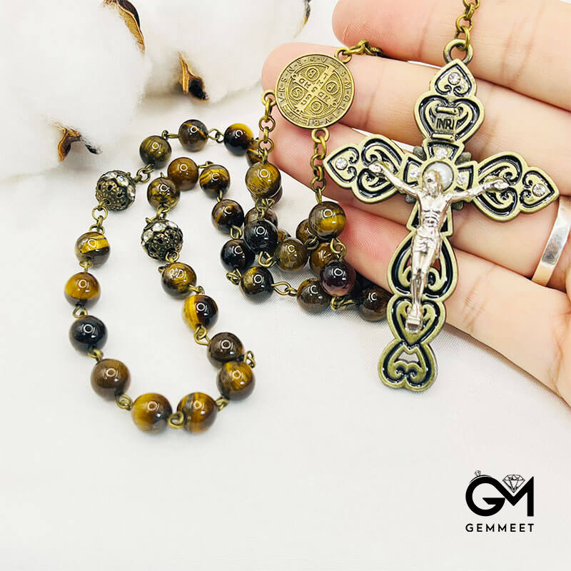 Tiger Eye Cross Pendant Rosary Necklace