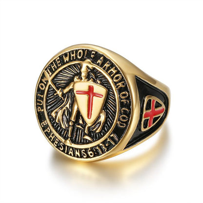 Vintage Gold Plated Knights Templar Red Cross Shield Ring