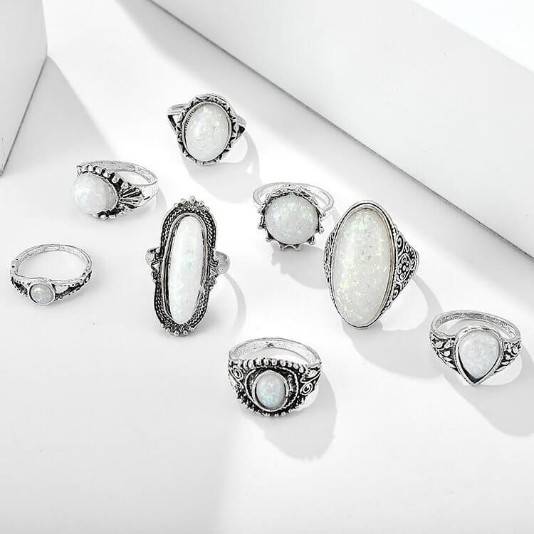 Round Oval Opal 8-Piece Ring Set