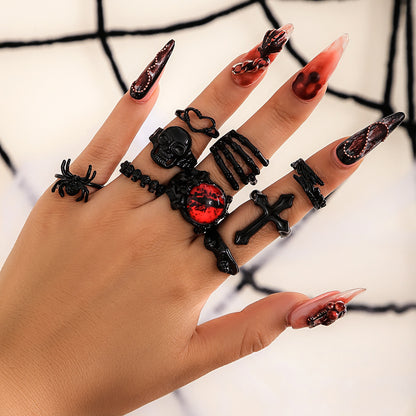 9 Pcs Black Cross & Halloween Symbol Ring Set