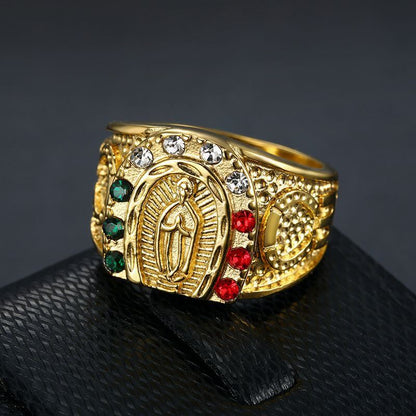 HIPHOP Ring Titanium Steel Gold-plated Color Zircon Virgin Mary Men's Ring