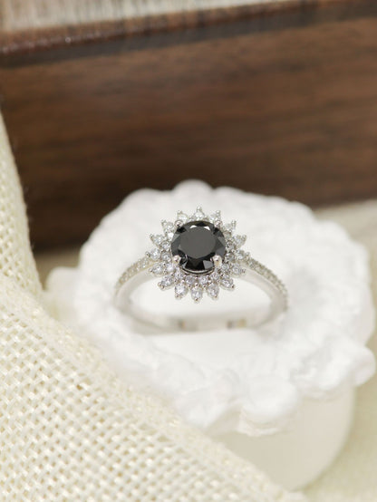 S925 Black Stone Sunflower Full Stones Ring