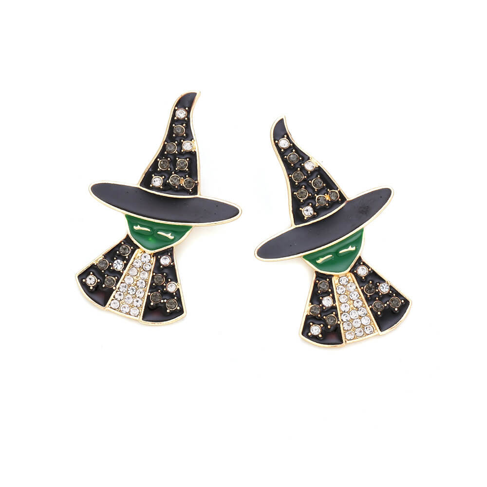 Halloween Witch Stud Earrings Alloy Inlaid Zircon Retro Drip Oil Figure Earrings