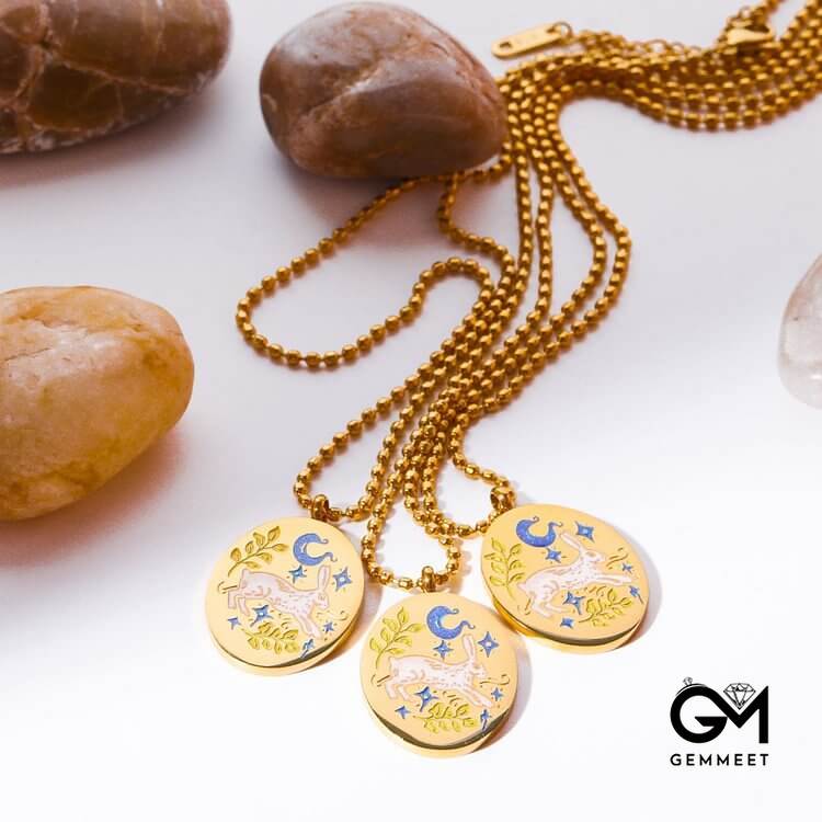 Hand Painted Dripping Oil Rabbit Zodiac Elements Necklace