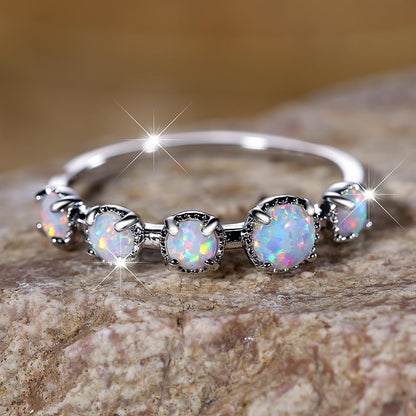 Five Blue White Opal Simple Designs Ring