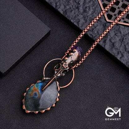 Copper Hummingbird Head Amethyst Labradorite Gemstone Necklace