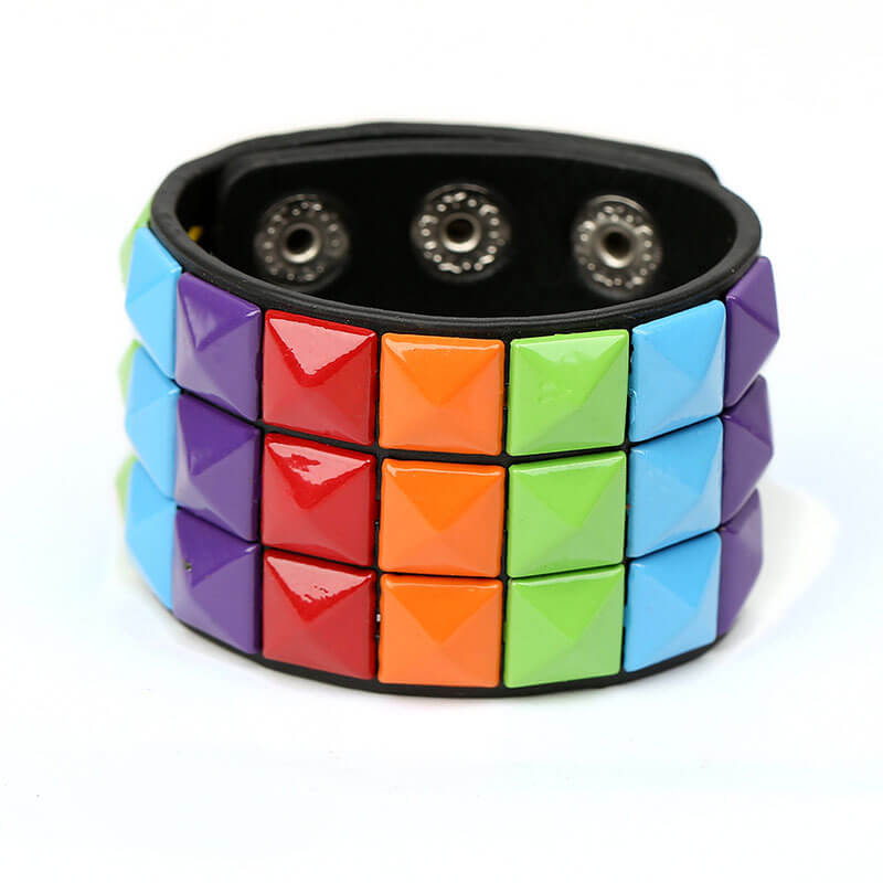 Punk Multicolor Square Spike Leather Bracelet Statement Ride Bar Wide Leather Bracelet