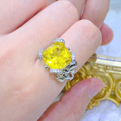 Light Luxury Topaz Blue Ring Large Carat Imitation Emerald Amethyst Yellow Diamond Colorful Treasure Bow Open Ring