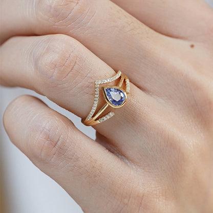 Pear Shape Blue Sapphire French Vintage Blue V-Shaped Multi-Layered Adjustable Ring